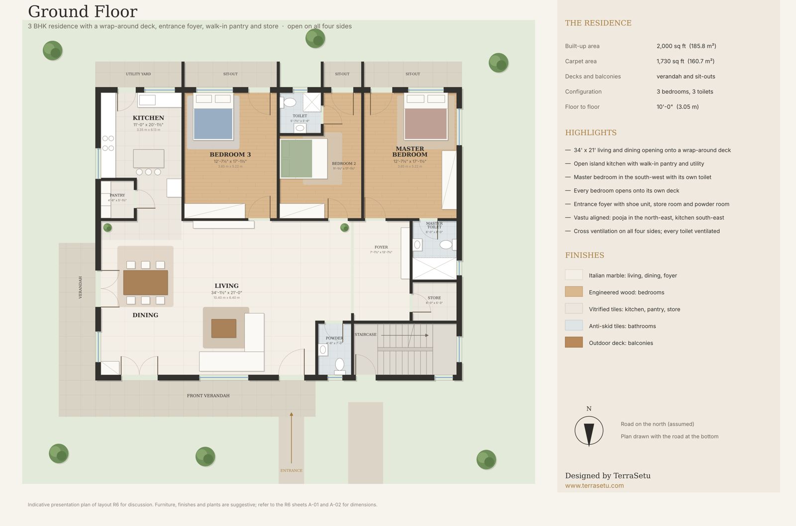Ground floor plan of a 50 by 40 ft house: living and dining, island kitchen, three bedrooms, three toilets, foyer and stair