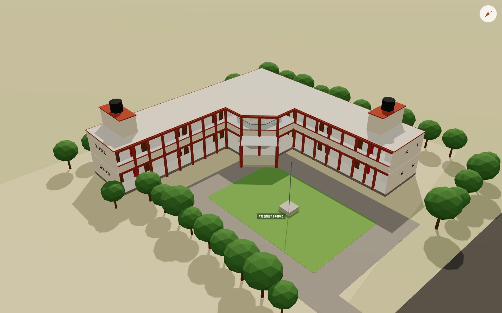 3D model of the two-storey L-shaped Palra school building from above, showing classrooms and verandahs