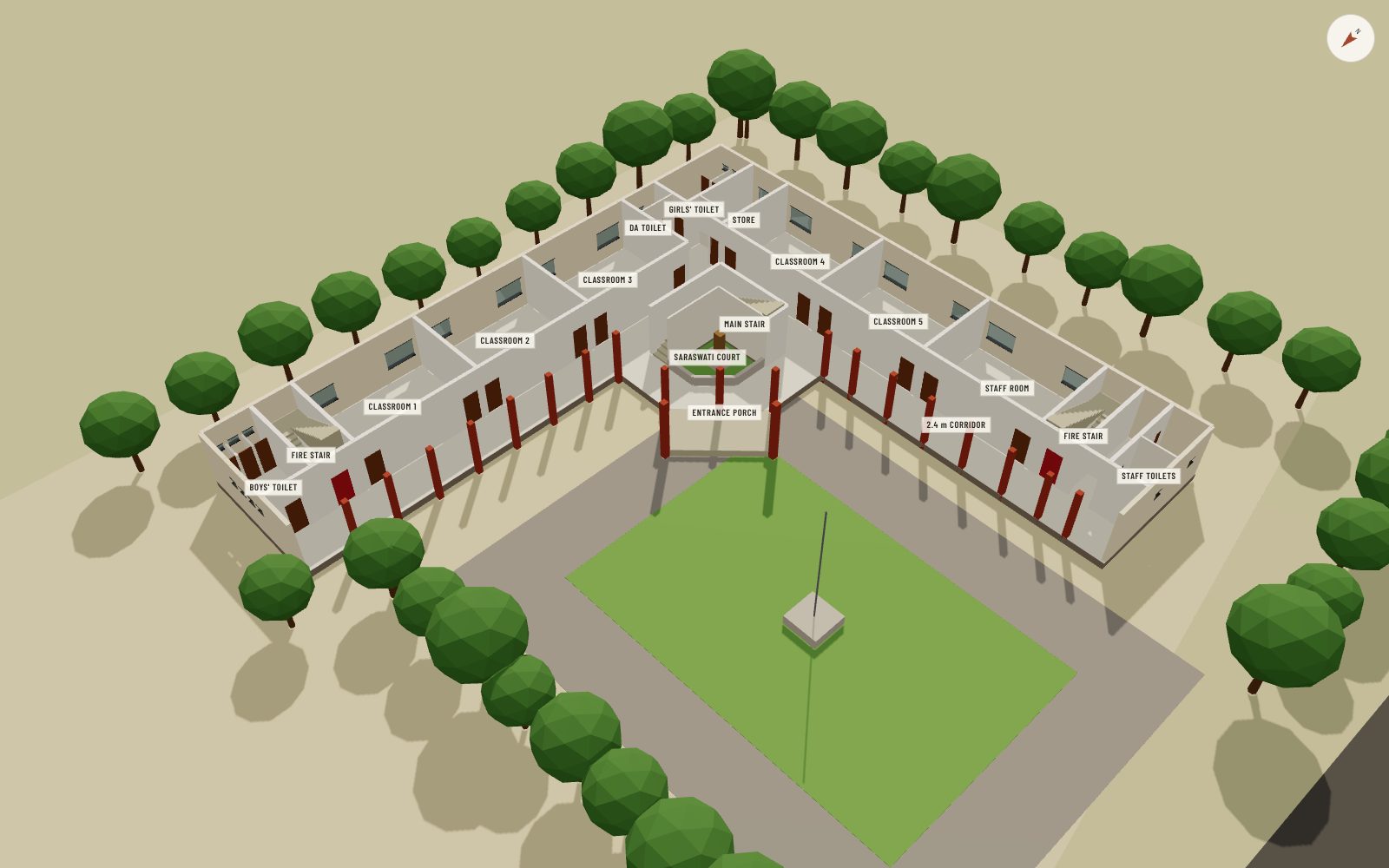 Cut-away 3D view of the Palra school ground floor showing classrooms, verandahs, stairs and toilet blocks